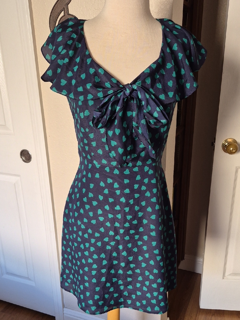 Forever 21 Navy Dress with Teal Heart Print and Tie Neck